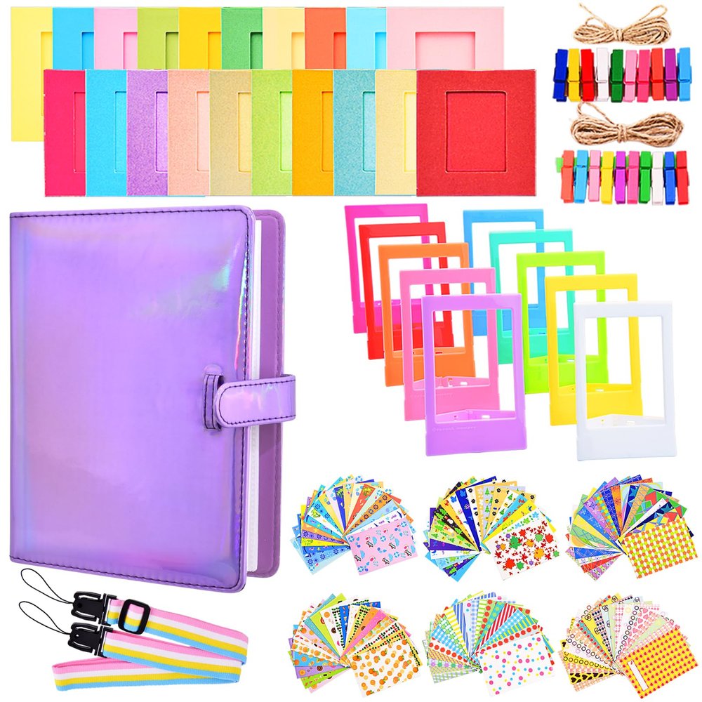 Sunmns Accessories Bundle Kit Compatible with Fujifilm Instax Mini 12 11 9 8 90 70 Instant Camera, Include Album, Film Stickers, Photo Frames, Hanging Frame, Strap (Bright Purple)