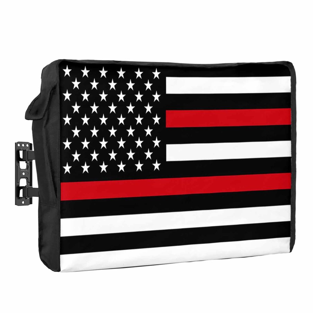 4th of July Outdoor TV Cover 55 Inch Firefighter Flag TV Enclosure Independence Day Thin Red Line Print TV Covers for Outside Holiday TV Display Screen Protector with Remote Control Pocket