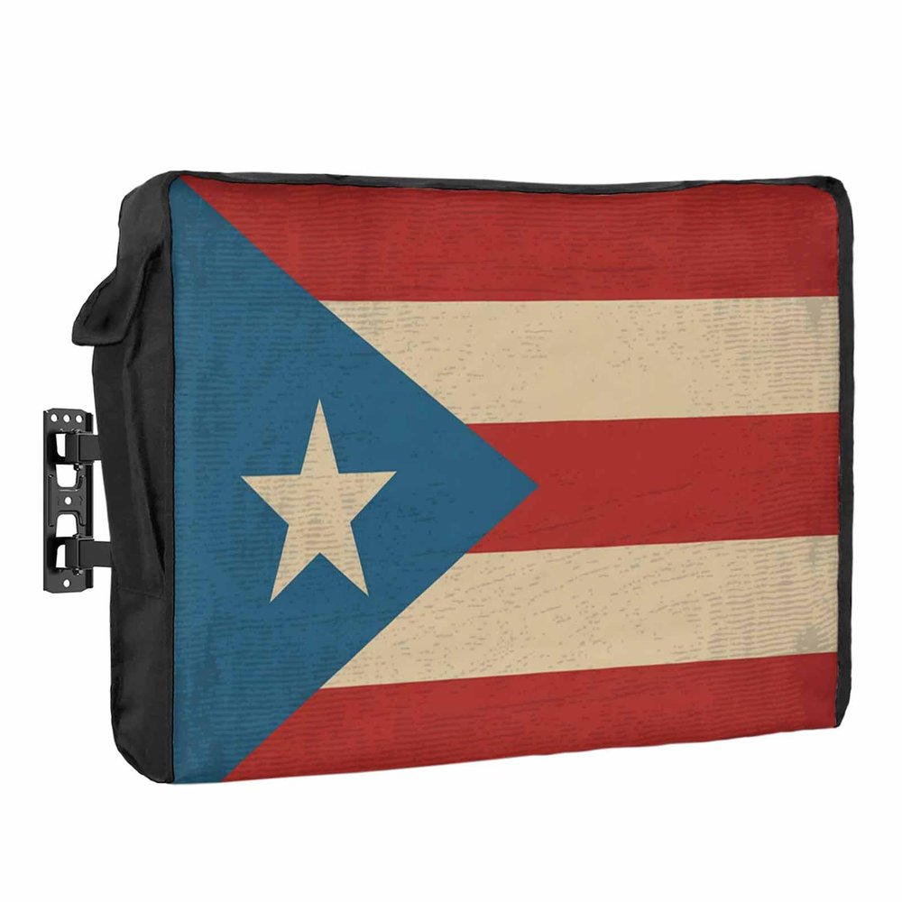 4th of July Outdoor TV Cover 55 Inch Puerto Rico Flag TV Enclosure Independence Day Retro Oil Painting Star Stripe TV Covers for Outside Holiday TV Display Screen Protector with Remote Control Pocket