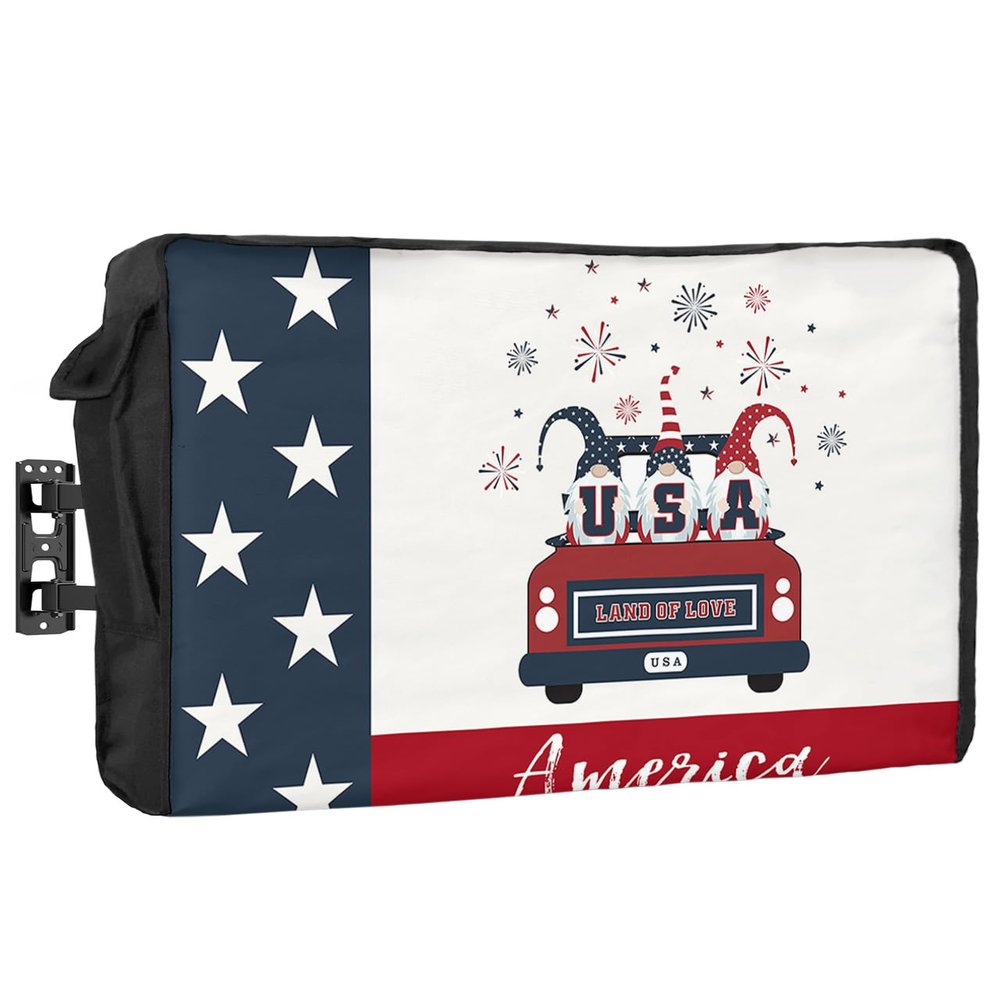 4th of July Outdoor TV Cover 65 Inch Red Truck With Gnomes TV Enclosure Independence Day American Star Flag TV Covers for Outside Holiday TV Display Screen Protector with Remote Control Pocket
