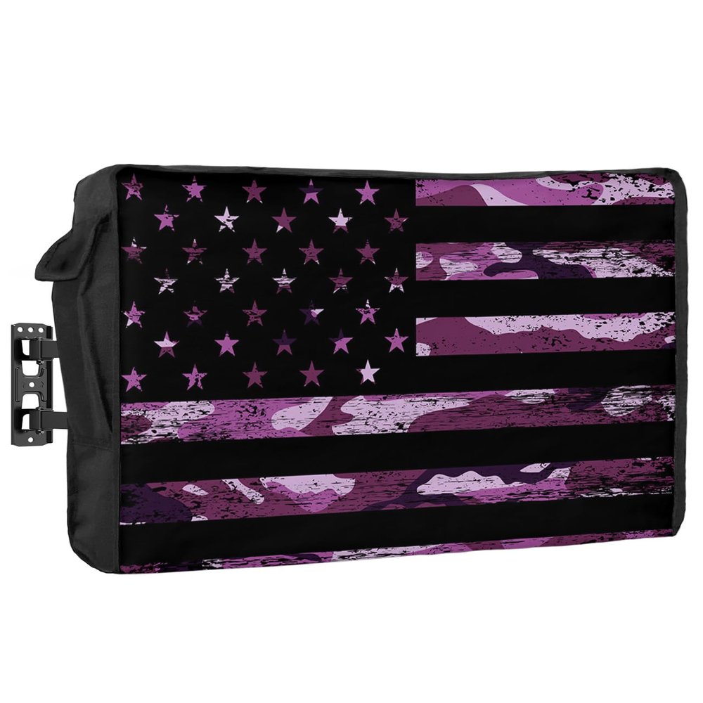 4th of July Outdoor TV Cover 43 Inch American Flag TV Enclosure Independence Day Old Purple Camouflage TV Covers for Outside Holiday TV Display Screen Protector with Remote Control Pocket