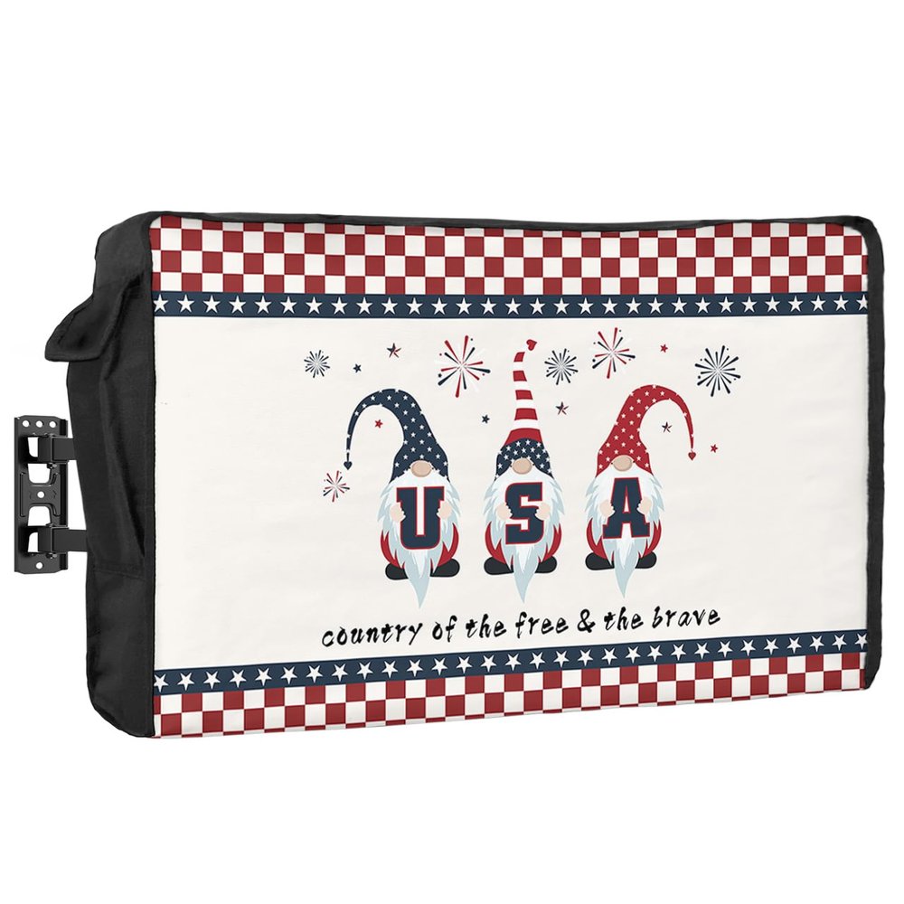 4th of July Outdoor TV Cover 39 Inch Cute Gnomes TV Enclosure Independence Day Star Buffalo Red Blue Check Plaid TV Covers for Outside Holiday TV Display Screen Protector with Remote Control Pocket