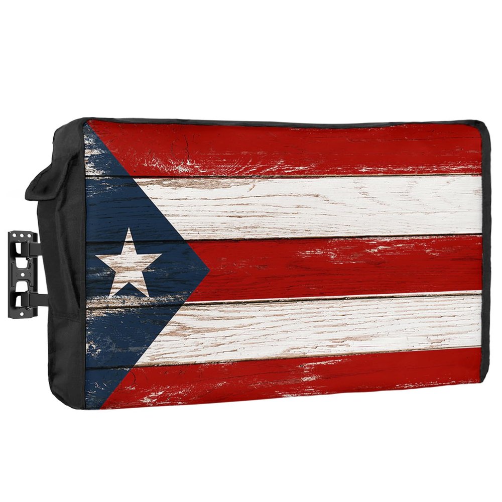 4th of July Outdoor TV Cover 65 Inch Puerto Rico Flag TV Enclosure Independence Day Star Red Stripes Blue Patriot Wood TV Covers for Outside TV Display Screen Protector with Remote Control Pocket