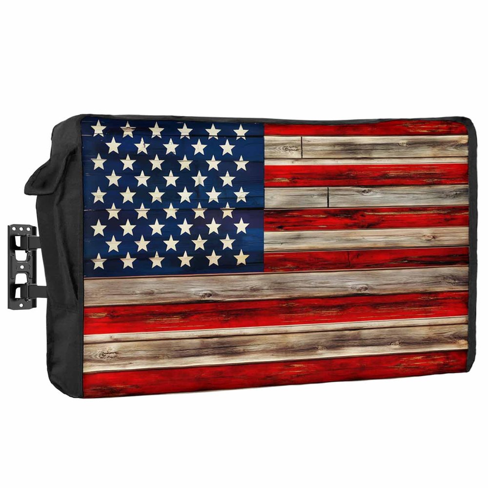 American Flag Outdoor TV Cover for 30 to 32 Inch Outside Flat Screen TV Cover - 600D Waterproof and Weatherproof TV Cover, USA Flag Retro Stripes Wooden Planks Dustproof TV Display Protectors
