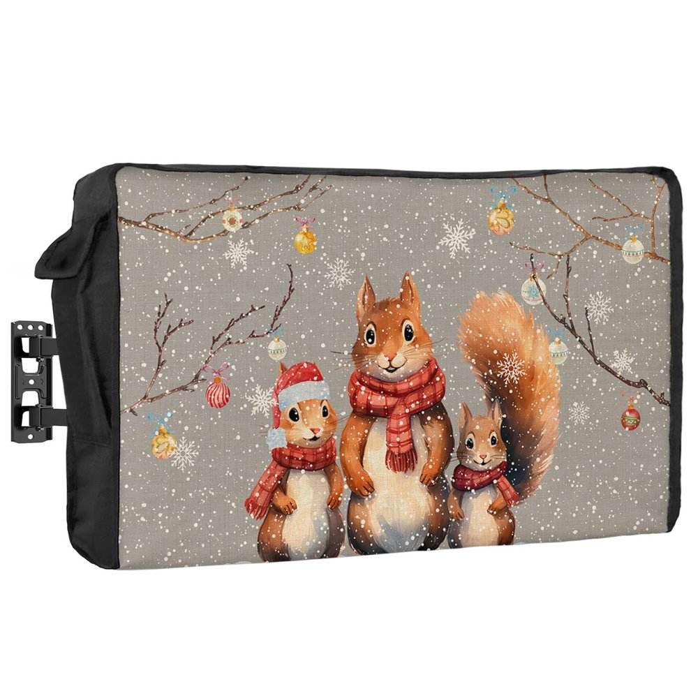 Xmas Waterproof Outdoor TV Cover 30-32 Inch Weatherproof, Outside Television Cover TV Screen Protector with Remote Control Pocket, Forest Squirrel Christmas Snowflake Grey