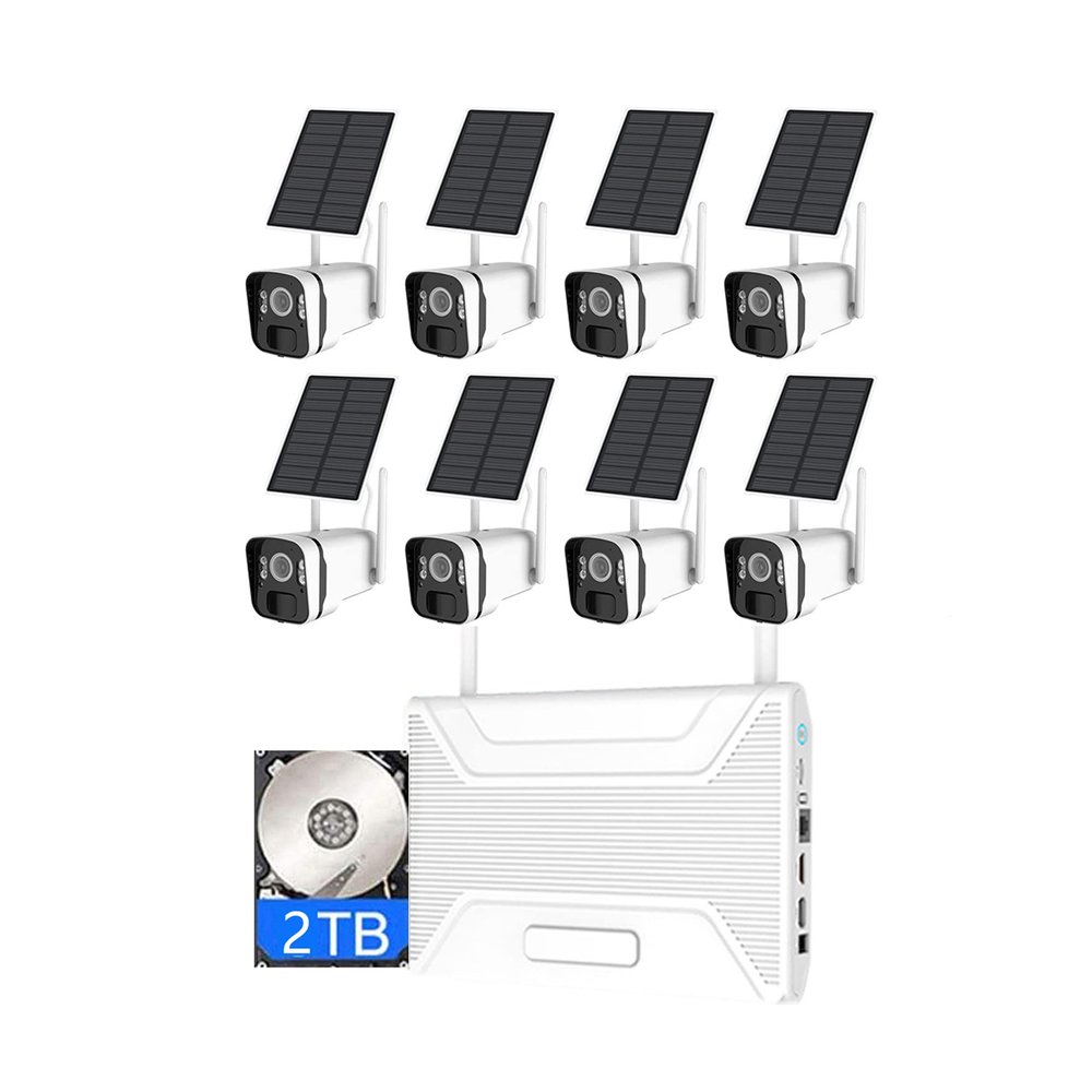 8CH 4MP Wireless Solar Power Security Camera System with 2TB Hard Drive, Outdoor WiFi Solar Energy Surveillance Camera Kit with 2-Way Audio, Motion Detection
