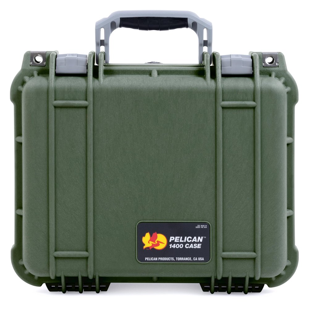 Pelican Protector 1400 Case by ColorCase - OD Green - Medium Size Waterproof Case with Gray Padded Microfiber Dividers & Convoluted Lid Foam - Silver Handles & Latches