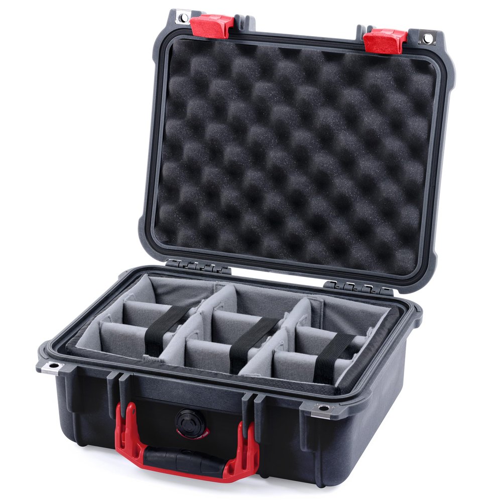 ColorCase Pelican Protector 1400 Case Black - Medium Size Waterproof Case with Gray Padded Microfiber Dividers & Convoluted Lid Foam - Red Handles & Latches