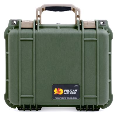 ColorCase Pelican Protector 1400 Case OD Green - Medium Size Waterproof Case with Gray Padded Microfiber Dividers & Convoluted Lid Foam - Desert Tan Handles & Latches