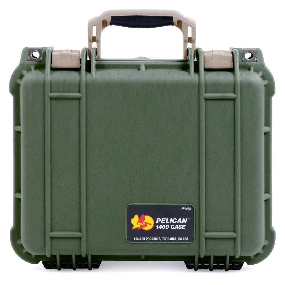 ColorCase Pelican Protector 1400 Case OD Green - Medium Size Waterproof Case with Gray Padded Microfiber Dividers & Convoluted Lid Foam - Desert Tan Handles & Latches