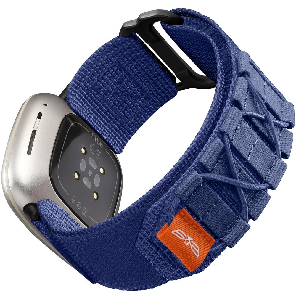 Bandletic Tactical Rugged Bands Compatible with Fitbit Versa 4 Bands, Soft Durable Military Nylon Solo Loop Sport Straps for Fitbit Versa 3/Sense 2/Sense, Large, Blue