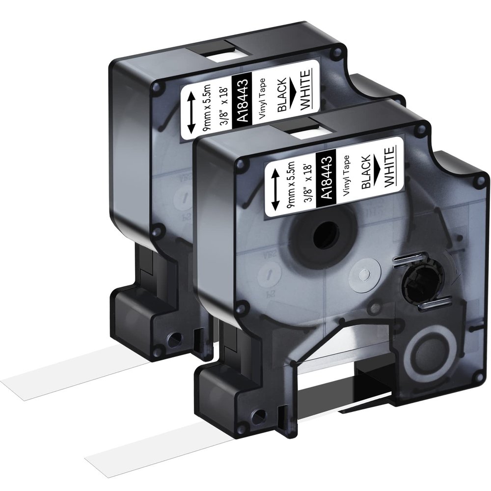 KCMYTONER 2 Pack Compatible for Dymo Rhino Pro IND Vinyl Label Tape 18443 3/8" 9mm Black on White Label for Rhino and 3M Label Maker Tape