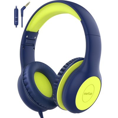 EarFun Kids Headphones Wired with Microphone, 85/94dB Volume Limit Headphones for Kids, Portable Wired Headphone with Shareport, Stereo Sound Foldable Headset for School/Tablet/iPad, Blue Lemon