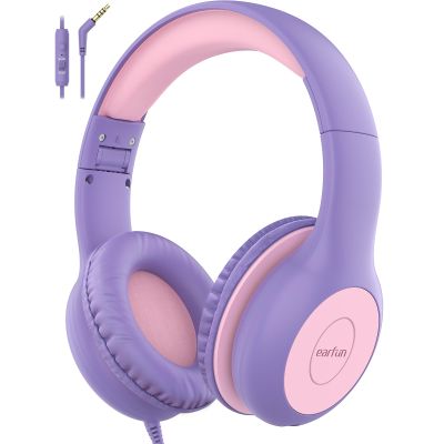 EarFun Kids Headphones Wired with Microphone, 85/94dB Volume Limit Headphones for Kids, Portable Wired Headphone with Shareport, Stereo Sound Foldable Headset for School/Tablet/iPad, Violet Pink
