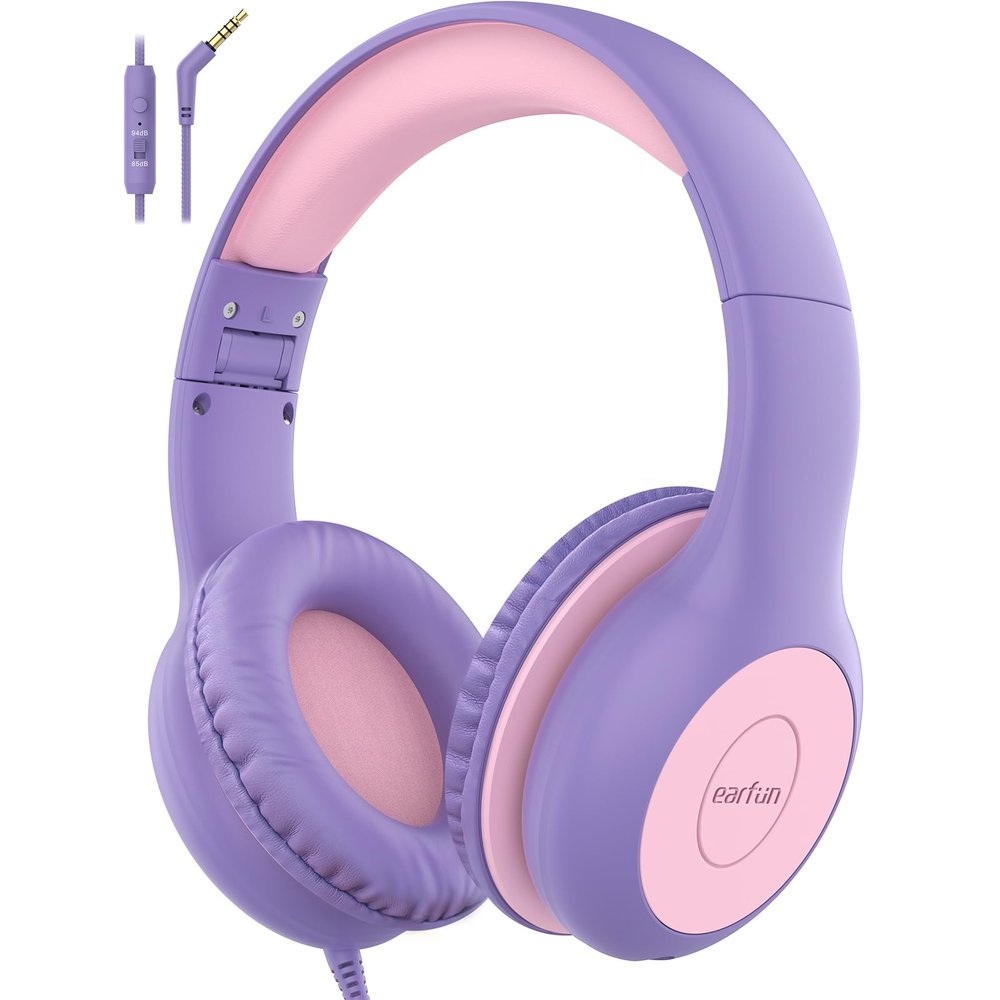 EarFun Kids Headphones Wired with Microphone, 85/94dB Volume Limit Headphones for Kids, Portable Wired Headphone with Shareport, Stereo Sound Foldable Headset for School/Tablet/iPad, Violet Pink