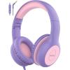 EarFun Kids Headphones Wired with Microphone, 85/94dB Volume Limit Headphones for Kids, Portable Wired Headphone with Shareport, Stereo Sound Foldable Headset for School/Tablet/iPad, Violet Pink view 1
