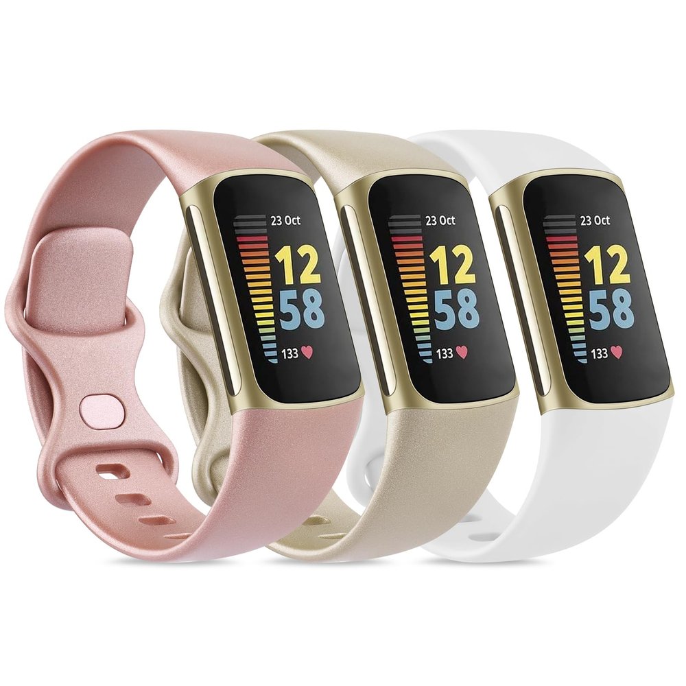 3 Pack Sport Bands Compatible with Fitbit Charge 5 Bands Women Men, Classic Soft Silicone Replacement Straps Wristbands for Fitbit Charge 5 Advanced Fitness & Health Tracker (Rose Gold/Champagne