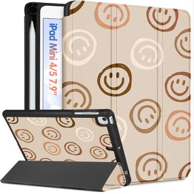 Wazzasoft for iPad mini 4/5 Case, for iPad mini 5th/4th Generation Cases Women Cute Kids Girls Folio Cover Girly Smile Kawaii Teens Unique with Pencil Holder for Apple iPad 5/4 Mini Case 7.9 Inch