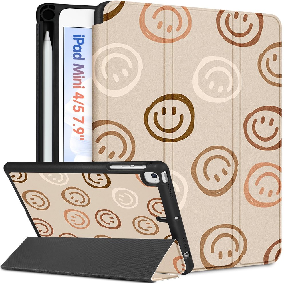 Wazzasoft for iPad mini 4/5 Case, for iPad mini 5th/4th Generation Cases Women Cute Kids Girls Folio Cover Girly Smile Kawaii Teens Unique with Pencil Holder for Apple iPad 5/4 Mini Case 7.9 Inch