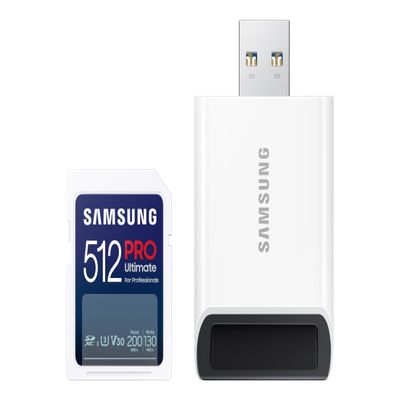 Samsung PRO Ultimate Full Size Memory Card+USBReader, 512GB SDXC, Up to 200 MB/s, 4K UHD, UHS-I, C10, U3, V30, A2 for DSLR, Mirrorless Cameras, PCs, MB-SY512SB/AM