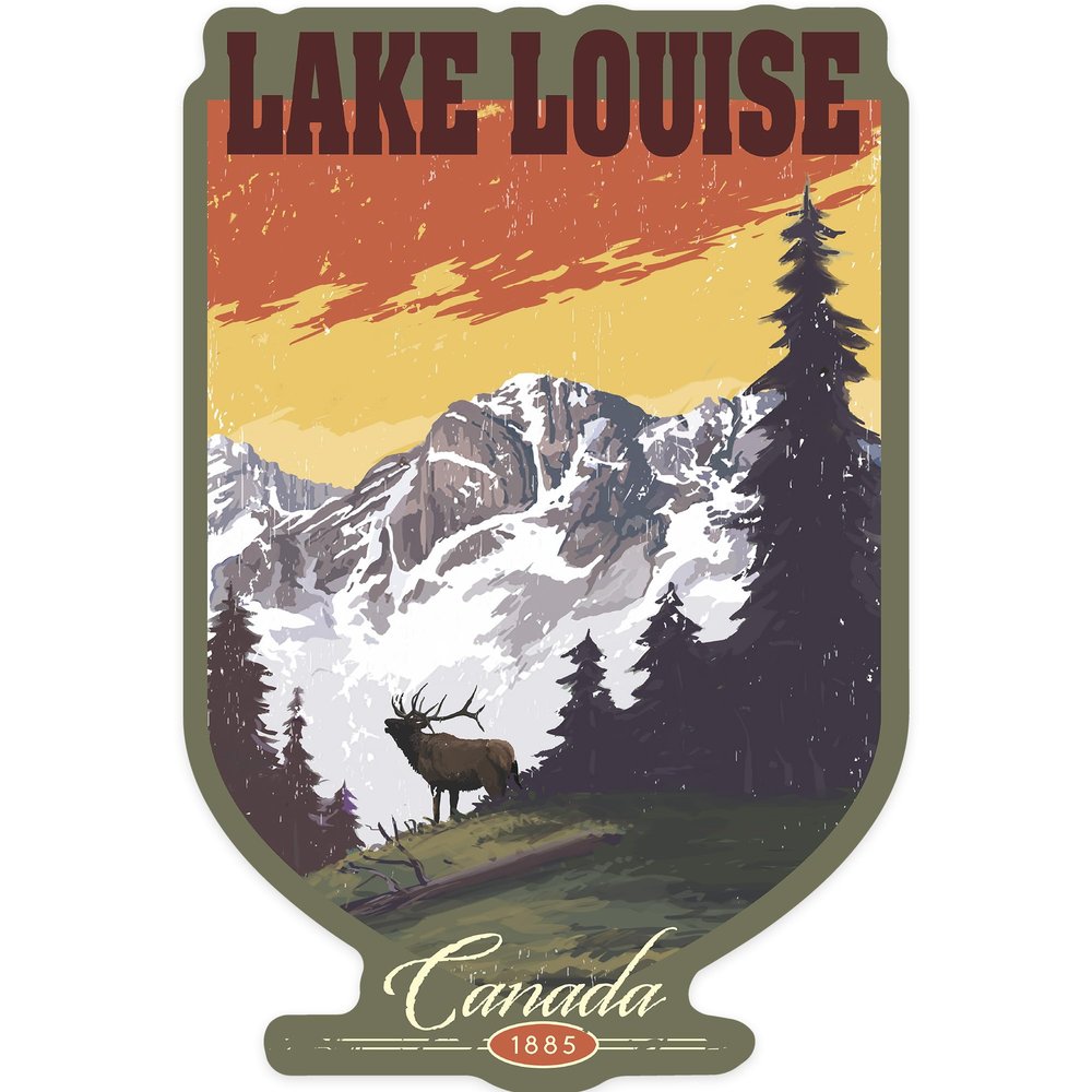 Lantern Press Sticker Lake Louise, Canada, Mountain View and Elk, Distressed, Die Cut Vinyl, (Waterproof Decal for Cars, Water Bottles, Laptops, Coolers), Small