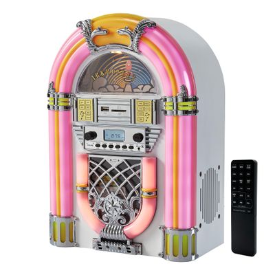 Arkrocket Athena Mini Jukebox/Tabletop CD Player/Bluetooth Speaker/Radio/USB and SD Card Player with Retro LED Lighting System (Pink White)