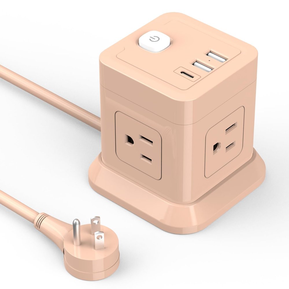 Cube Power Strip, FDTEK 4 Widely Spaced Outlet with 3 USB (1 USB C) Flat Plug Power Strips with Long Extension Cords Space Save Compact Portable for Travel Home Office Cruise (Pink)
