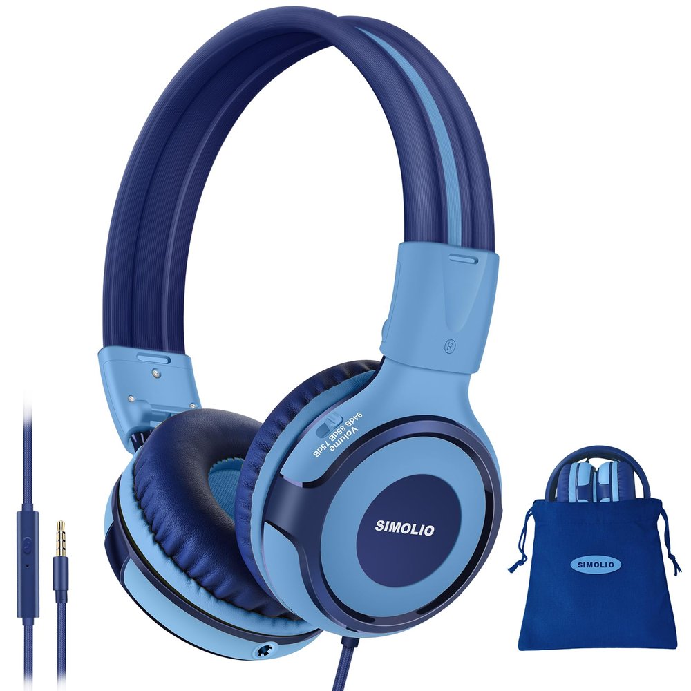 SIMOLIO Kids Headphones for School Age, Wired Headsets with Microphone Volume Limiter Sharing Jack, Adjustable & Sturdy, Tangle-Free Foldable Stereo Headphone for Boys Tablet Travel (Blue)