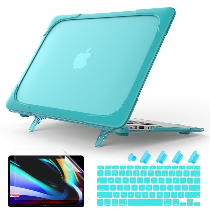 Batianda Heavy Duty Case for Old MacBook Air 13 inch 2017 2015 Model A1466/A1369, Ergonomic Foldable Kickstand (Holds 22lbs) Matte Translucent Shockproof Protective Cover & Keyboard Protector, Blue