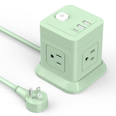 Cube Power Strip, FDTEK 4 Widely Spaced Outlet with 3 USB (1 USB C) Flat Plug Power Strips with Long Extension Cords Space Save Compact Portable for Travel Home Office Cruise (Green)