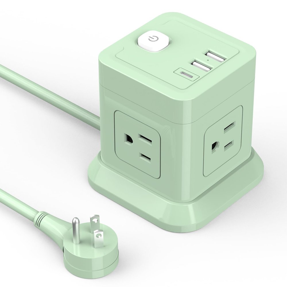 Cube Power Strip, FDTEK 4 Widely Spaced Outlet with 3 USB (1 USB C) Flat Plug Power Strips with Long Extension Cords Space Save Compact Portable for Travel Home Office Cruise (Green)