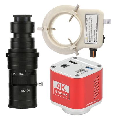 4K 8MP HDMI USB Industrial Microscope Measuring Camera U Disk Storage Video Recorder & 200X C-Mount Lens With 56-LED Adjustable Ring Light