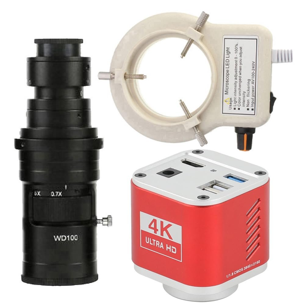 4K 8MP HDMI USB Industrial Microscope Measuring Camera U Disk Storage Video Recorder & 200X C-Mount Lens With 56-LED Adjustable Ring Light