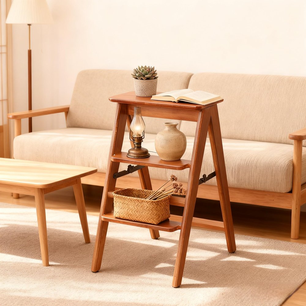 JIKUGO Bamboo Foldable 3-Step Stool Wide Anti-Slip Pedal Sturdy Ladder for Home Multiuse as Shelf Plant Stand 23.6x14.7x7.6in for Adults