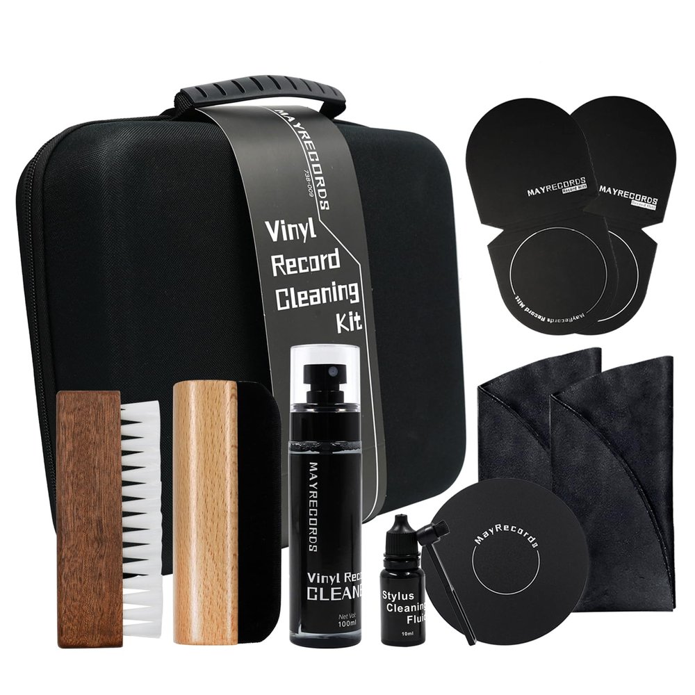 sdroceRyaM Vinyl Record Cleaning Kit 9 -in-1 Vinyl Records Cleaner Kit Soft Velvet & Record Brushes, LP Cleaning Brush, Anti-Static Microfiber Cloth, Record Mitts, Needle Brush, Storage Box