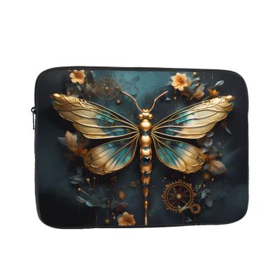 10 Inch Laptop Case Computer Sleeve Shockproof Water-Resistant Notebook Case Bag for Business Travel and Daily Use Gold Color Delicate Dragonfly Flower Prints