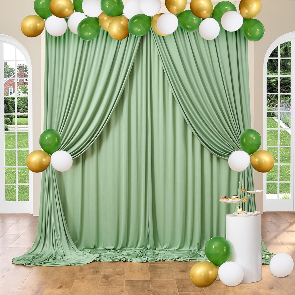 10ftx40ft Sage Green Wrinkle-Free Backdrop Drapes for Party, 8 Panels 5ftx10ft Sage Green Polyester Background Curtains Backdrop Decorations for Wedding, Birthday