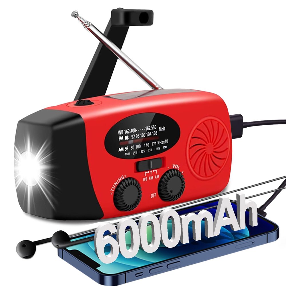 6000mAh Emergency Weather Radio, AM/FM,Hand Crank Solar,Charger,Light,SOS