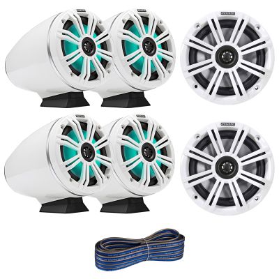 Kicker KMFC 6.5" 195 Watt Max Power Flat Mount Coaxial White Marine Loaded Tower Speakers w/ MultiColor LEDs (2 Pair), 6.5" 195W Max OEM Replacement White Boat Speakers (Pair), Speaker Wire
