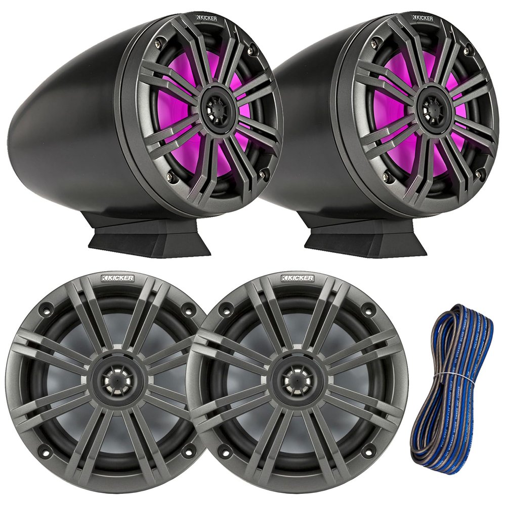 Kicker KMFC 6.5" 195 Watt Max Power Flat Mount Coaxial Black Marine Loaded Tower Speakers w/ MultiColor LEDs (Pair), 6.5" 195W Max OEM Replacement Charcoal Boat Speakers (Pair), Speaker Wire