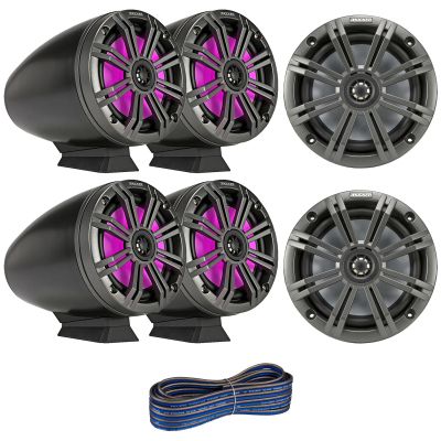 Kicker KMFC 6.5" 195 Watt Max Power Flat Mount Coaxial Black Marine Loaded Tower Speakers w/ MultiColor LEDs (2 Pair), 6.5" 195W Max OEM Replacement Charcoal Boat Speakers (Pair), Speaker Wire