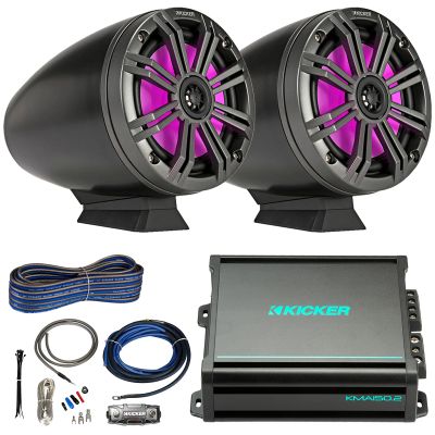 Kicker KMFC 6.5" 195 Watt Max Power Flat Mount Black Marine Loaded Tower Speakers w/ MultiColor LEDs (Pair), 2-Channel 190W Dynamic Power Weather-Resistant Boat Amplifier w/ Wiring Kit, Speaker Wire