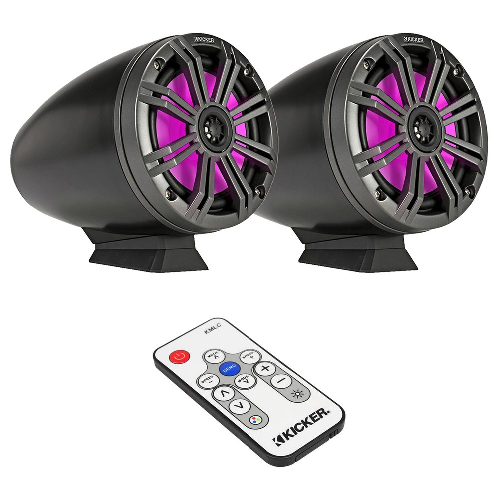 Pair (Qty 2) of Kicker KMFC 6.5" 195 Watt Max Power Flat Mount Coaxial Black Marine Loaded Multicolor LED Boat Audio Tower Speakers Bundle Combo with LED Lighting Remote Control