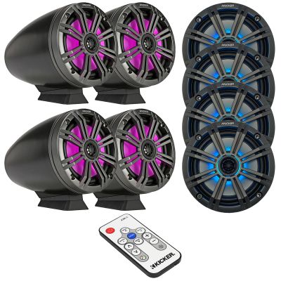 KICKER 6.5" 195W Max OEM Replacement Multicolor LED Charcoal Boat Audio Speakers (2 Pair), 6.5" Flat Mount Coaxial Black Marine Loaded Tower Speakers w/Multicolor LEDs (2 Pair), LED Remote Control