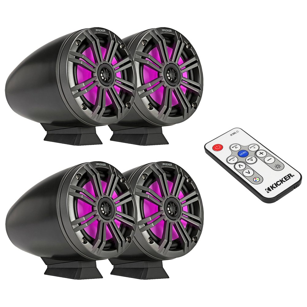 2 Pair (QTY 4) of Kicker KMFC 6.5" 195 Watt Max Power Flat Mount Coaxial Black Marine Loaded MultiColor LED Boat Audio Tower Speakers Bundle Combo with LED Lighting Remote Control