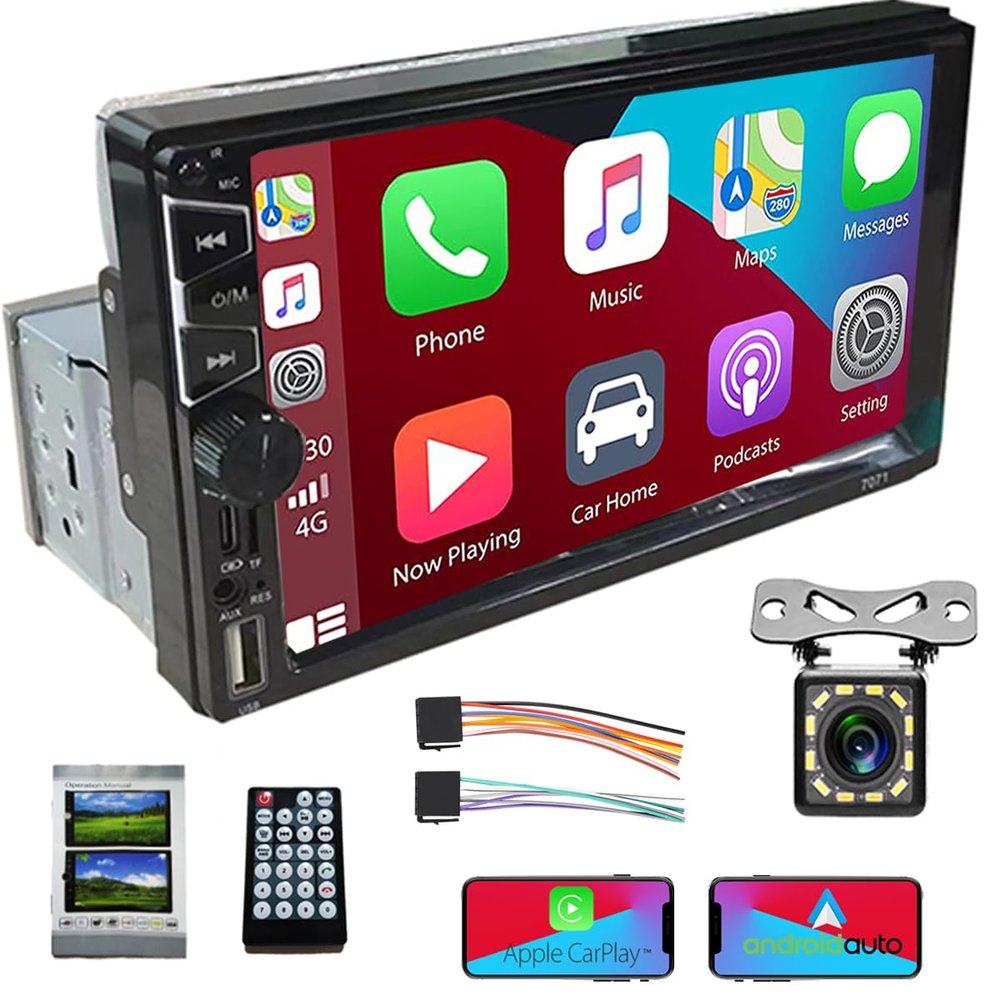 7 Inch Single Din Car Stereo,Compatible with Wireless Apple Carplay & Android Auto,HD Touch Screen Bluetooth Car Audio FM Radio with 12 LED Backup Camera,Support Mirror Link,AUX,USB,Fast Charging