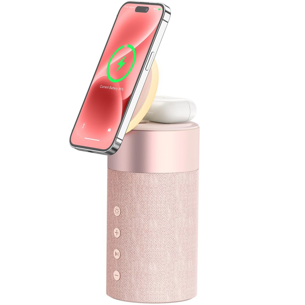 COLSUR Bluetooth Speaker, Magnetic Wireless Charger, Bluetooth Speakers with Night Light, 2 in 1 Wireless Charging Station for iPhone 17/16/15/14/13/12 Series, AirPods Pro 2/4/3/2Gift Ideal (Pink)