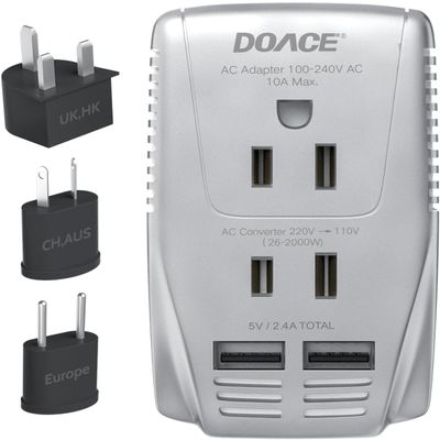 220V to 110V Converter, DOACE 2000W Travel Voltage Converter for Hair Dryer Straightener Curling Iron, 10A Power Adapter with 2 USB and EU/UK/AU/US Plugs for Charging Laptop Tablet Camera Cell Phone