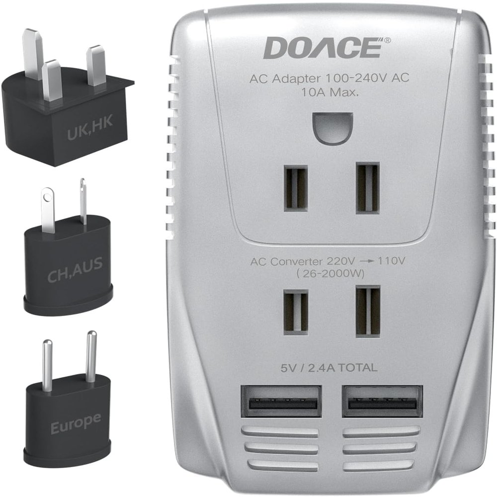 220V to 110V Converter, DOACE 2000W Travel Voltage Converter for Hair Dryer Straightener Curling Iron, 10A Power Adapter with 2 USB and EU/UK/AU/US Plugs for Charging Laptop Tablet Camera Cell Phone