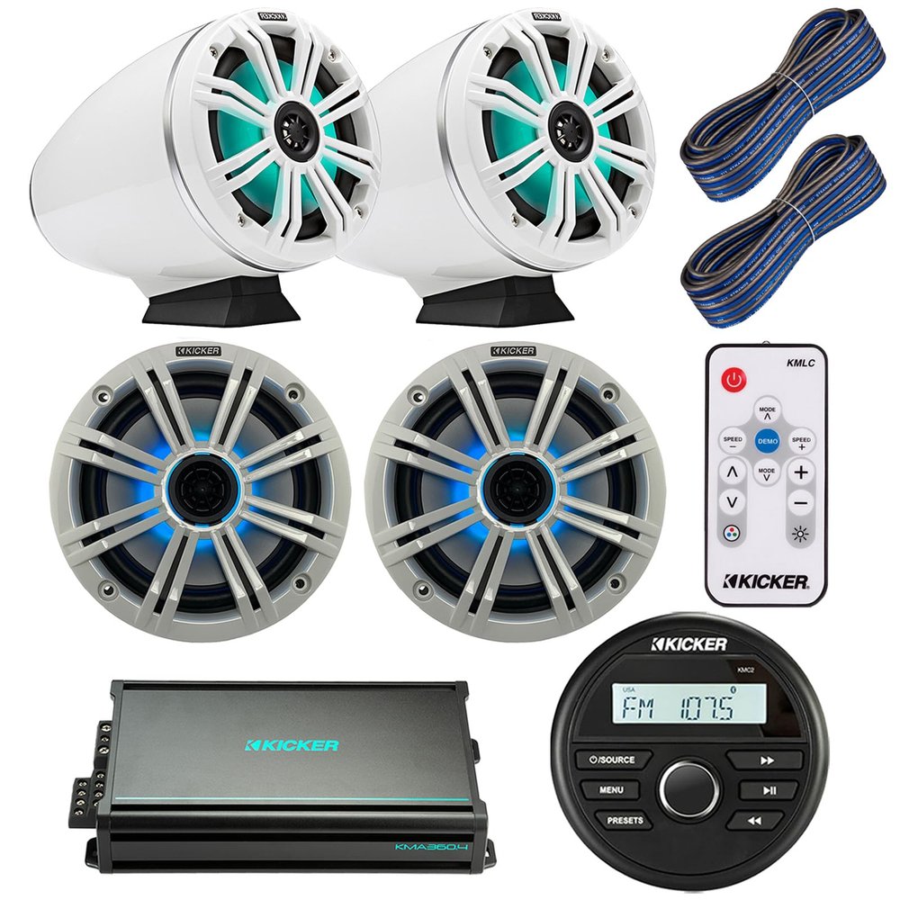 Gauge Style Bluetooth Boat Receiver, 2x 6.5" 195 Watt Max White Marine Loaded Tower Speakers w/ MultiColor LEDs, 2x 6.5" OEM Replacement LED White Speakers, 4-CH Amplifier, LED Remote, 2x Wire